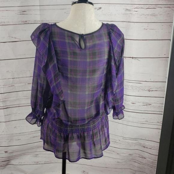 Candies‎ Purple Plaid Drop Waist Sheer M Blouse - Picture 2 of 6